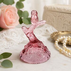 VTG Fenton Pink Art Glass Owl On Branch Ring Holder Cabbage Rose 4.5”